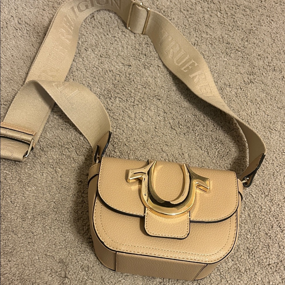 True Religion Beige Crossbody Bag with Gold Accent